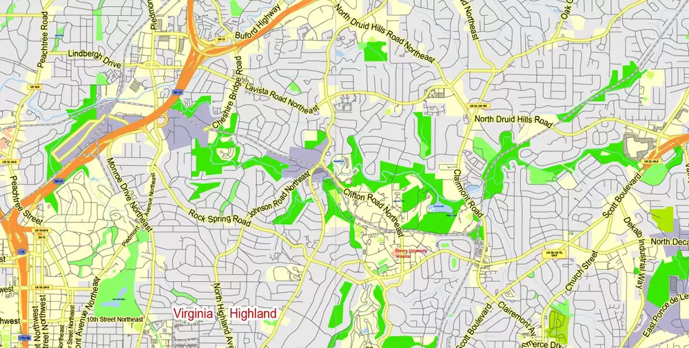 Atlanta Map Vector Georgia US, exact City Plan scale 1:62469 full editable Adobe Illustrator Street Map in layers