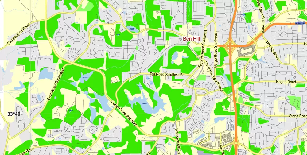 Atlanta Map Vector Georgia US, exact City Plan scale 1:62469 full editable Adobe Illustrator Street Map in layers