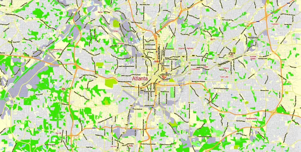 Atlanta Map Vector Georgia US, exact City Plan scale 1:62469 full editable Adobe Illustrator Street Map in layers