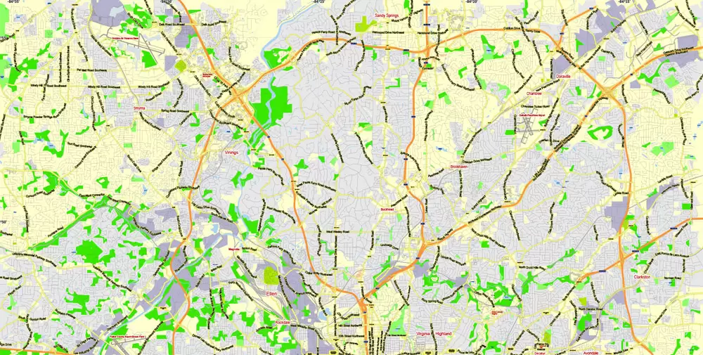 Atlanta Map Vector Georgia US, exact City Plan scale 1:62469 full editable Adobe Illustrator Street Map in layers
