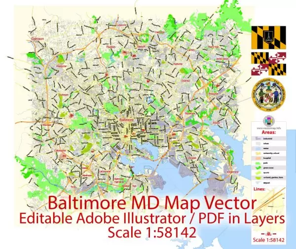 Baltimore Map Vector Maryland US exact City Plan scale 1:58142 full editable Adobe Illustrator Street Map in layers