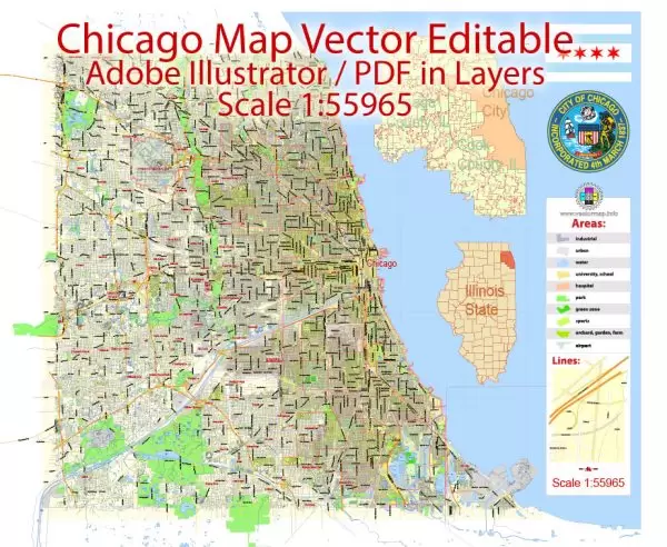 Chicago Map Illinois US, exact City Plan scale 1:55965 full editable Adobe Illustrator Street Map in layers