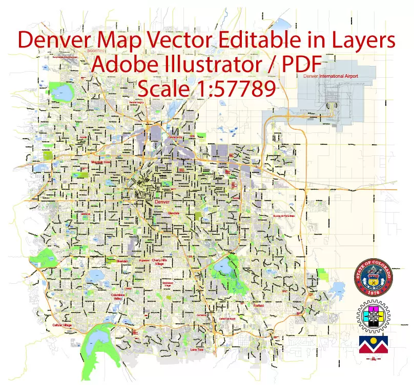 Denver Map Vector Colorado US exact City Plan scale 1:57789 full editable Adobe Illustrator Street Map