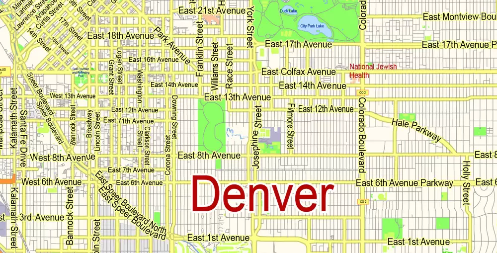 Denver Map Vector Colorado US exact City Plan scale 1:57789 full editable Adobe Illustrator Street Map