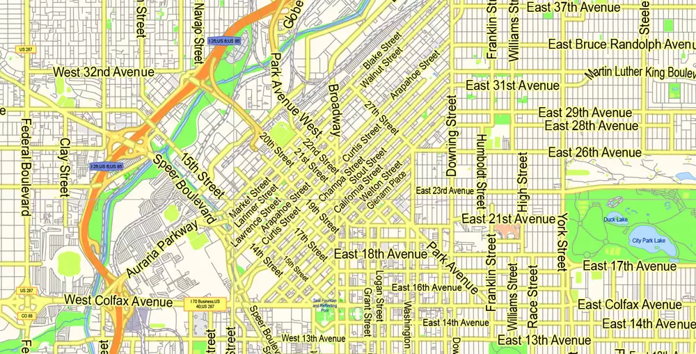 Denver Map Vector Colorado US exact City Plan scale 1:57789 full editable Adobe Illustrator Street Map