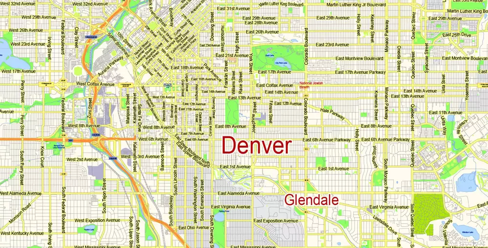 Denver Map Vector Colorado US exact City Plan scale 1:57789 full editable Adobe Illustrator Street Map