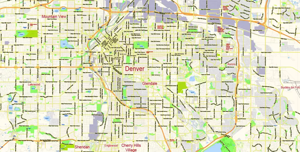 Denver Map Vector Colorado US exact City Plan scale 1:57789 full editable Adobe Illustrator Street Map