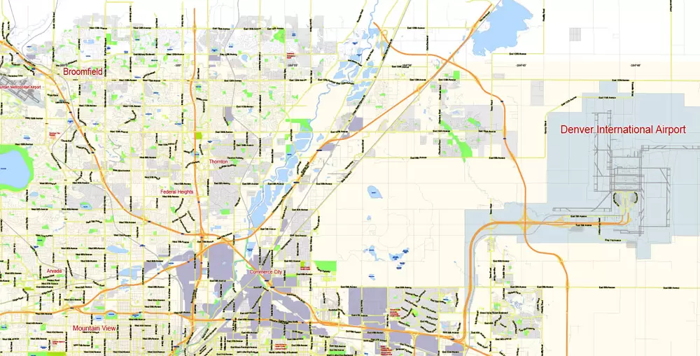 Denver Map Vector Colorado US exact City Plan scale 1:57789 full editable Adobe Illustrator Street Map