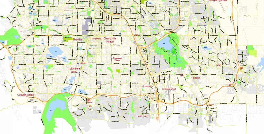 Denver Map Vector Colorado US exact City Plan scale 1:57789 full editable Adobe Illustrator Street Map