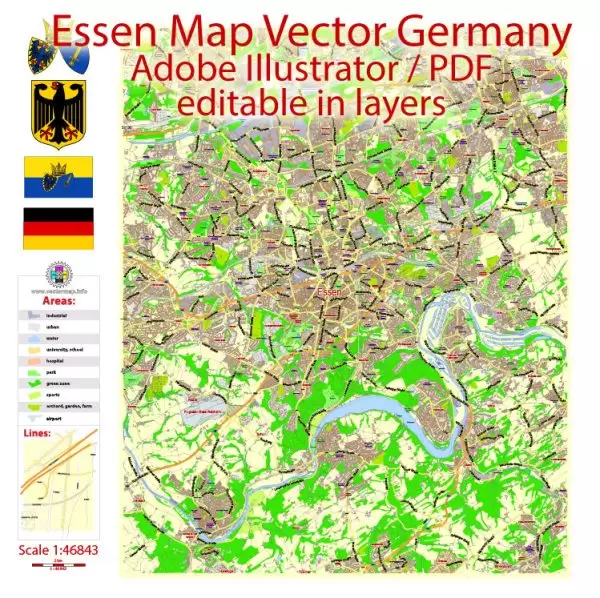 Essen Map Vector Germany exact City Plan scale 1:46843 editable Layered Adobe Illustrator Street Map