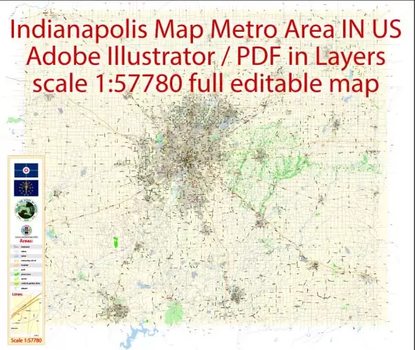 Indianapolis Map Metro Area Large exact City Plan scale 1:57780 full editable Adobe Illustrator Street Map in layers