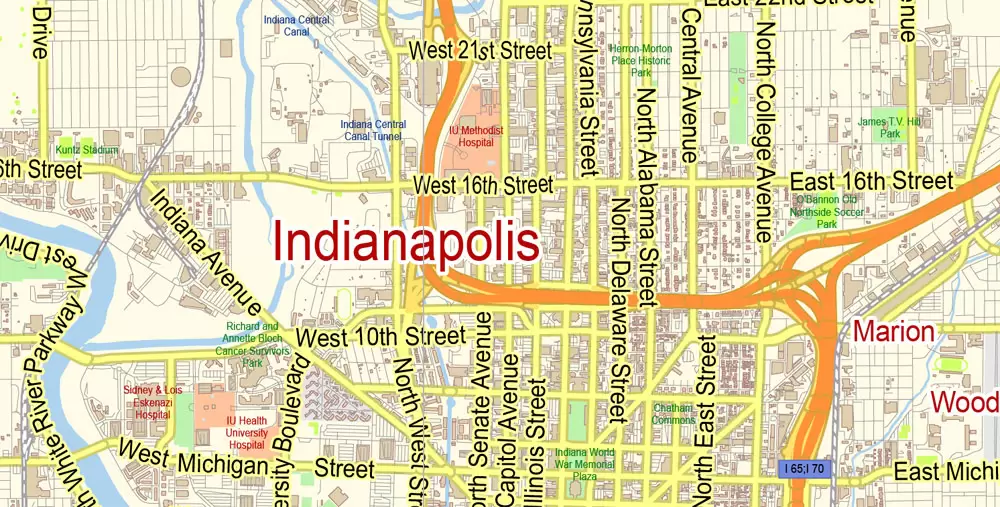 Indianapolis Map Metro Area Large exact City Plan scale 1:57780 full editable Adobe Illustrator Street Map in layers
