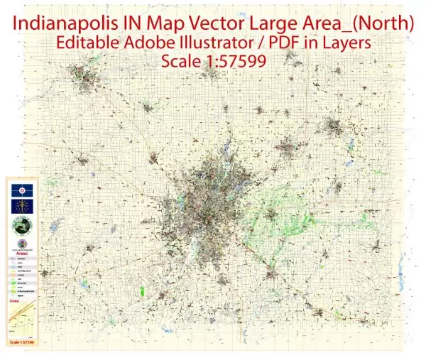 Indianapolis Map Vector Metro Area Large North, exact City Plan scale 1:57599 full editable Adobe Illustrator Street Map in layers