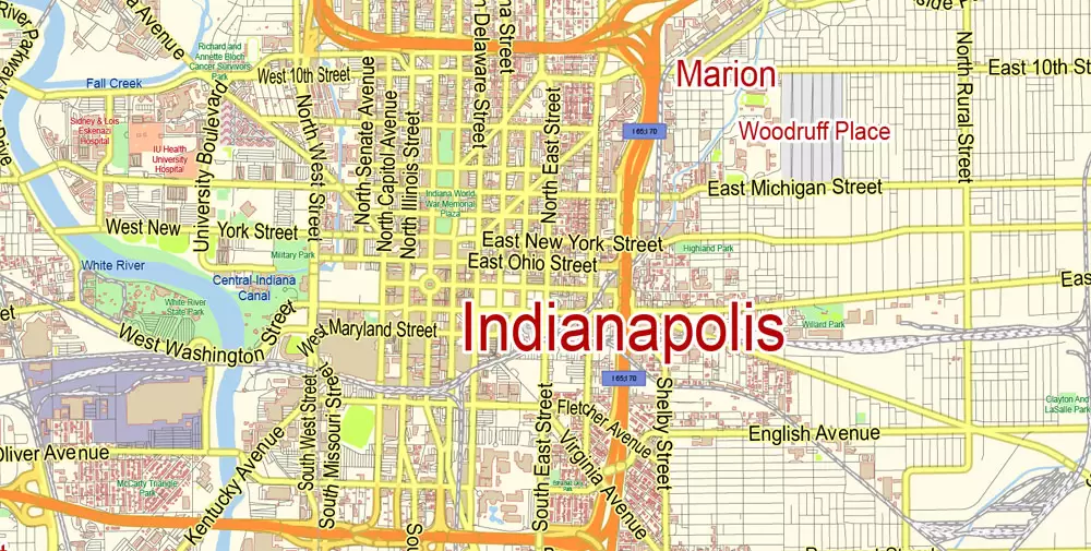Indianapolis Map Vector Metro Area Large North, exact City Plan scale 1:57599 full editable Adobe Illustrator Street Map in layers