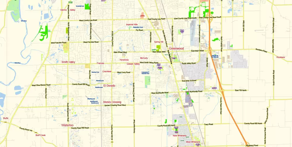 Indianapolis Map Vector Metro Area Large North, exact City Plan scale 1:57599 full editable Adobe Illustrator Street Map in layers