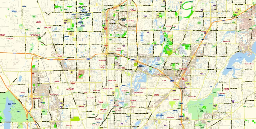 Indianapolis Map Vector Metro Area Large North, exact City Plan scale 1:57599 full editable Adobe Illustrator Street Map in layers