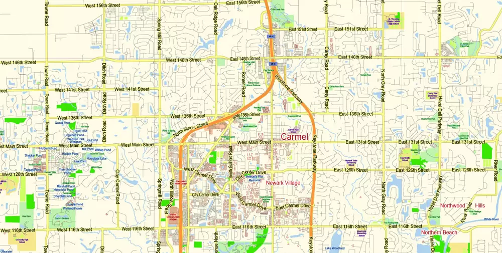 Indianapolis Map Vector Metro Area Large North, exact City Plan scale 1:57599 full editable Adobe Illustrator Street Map in layers