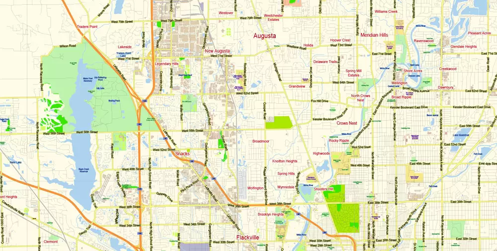 Indianapolis Map Vector Metro Area Large North, exact City Plan scale 1:57599 full editable Adobe Illustrator Street Map in layers