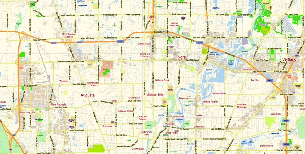 Indianapolis Map Vector Metro Area Large North, exact City Plan scale 1:57599 full editable Adobe Illustrator Street Map in layers