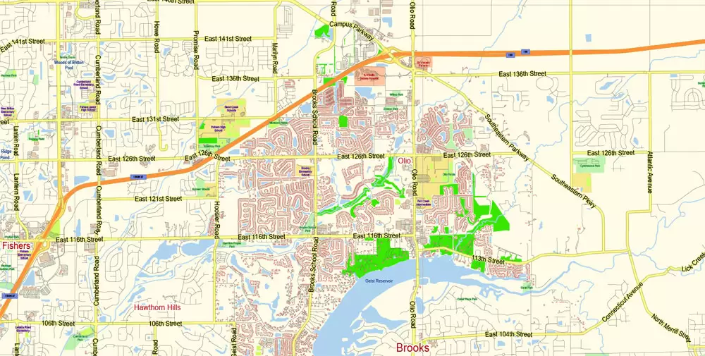 Indianapolis Map Vector Metro Area Large North, exact City Plan scale 1:57599 full editable Adobe Illustrator Street Map in layers