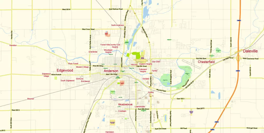 Indianapolis Map Vector Metro Area Large North, exact City Plan scale 1:57599 full editable Adobe Illustrator Street Map in layers