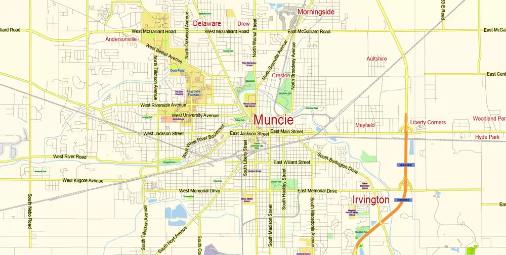 Indianapolis Map Vector Metro Area Large North, exact City Plan scale 1:57599 full editable Adobe Illustrator Street Map in layers