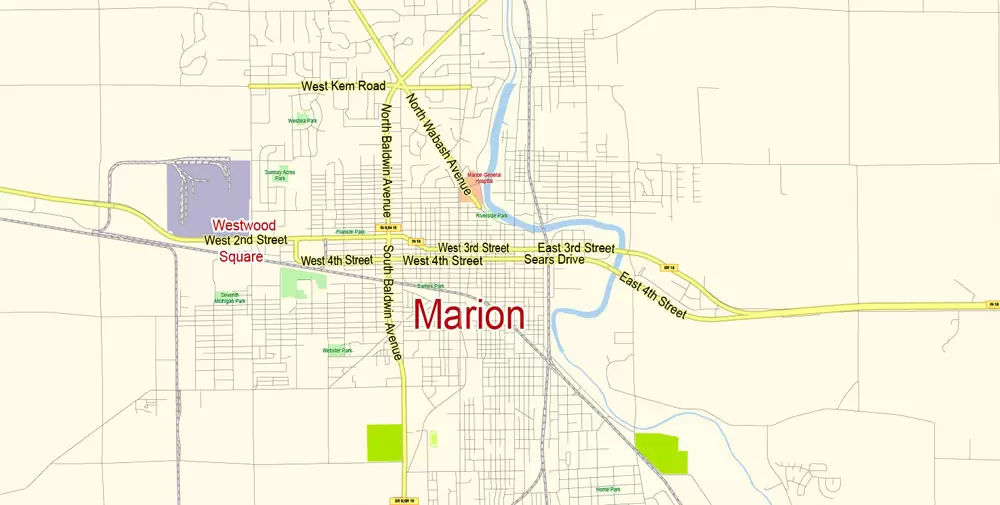 Indianapolis Map Vector Metro Area Large North, exact City Plan scale 1:57599 full editable Adobe Illustrator Street Map in layers