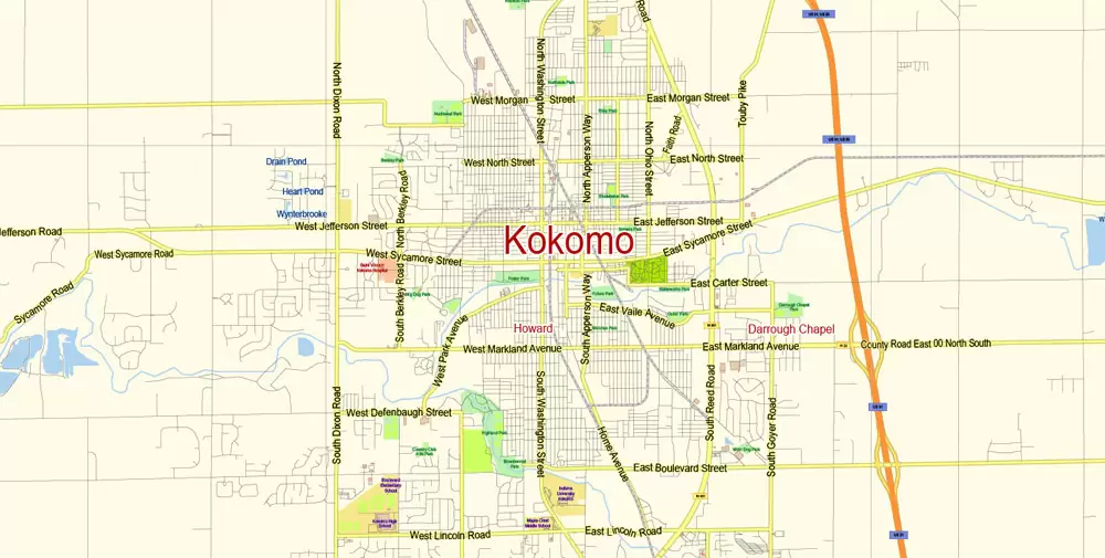 Indianapolis Map Vector Metro Area Large North, exact City Plan scale 1:57599 full editable Adobe Illustrator Street Map in layers