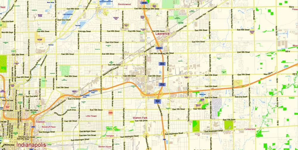 Indianapolis Map Vector Metro Area Large North, exact City Plan scale 1:57599 full editable Adobe Illustrator Street Map in layers