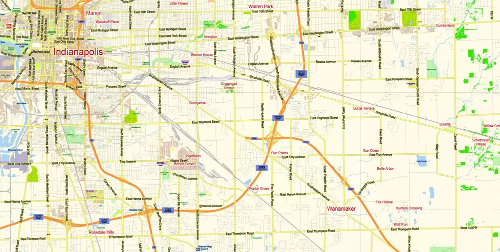 Indianapolis Map Vector Metro Area Large North, exact City Plan scale 1:57599 full editable Adobe Illustrator Street Map in layers