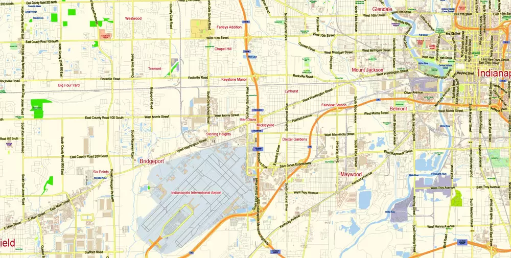 Indianapolis Map Vector Metro Area Large North, exact City Plan scale 1:57599 full editable Adobe Illustrator Street Map in layers