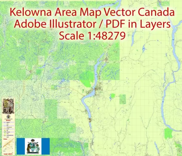 Kelowna Map Vector Large Area, Canada Exact City Plan Road Map Adobe Illustrator Scale 1:48279