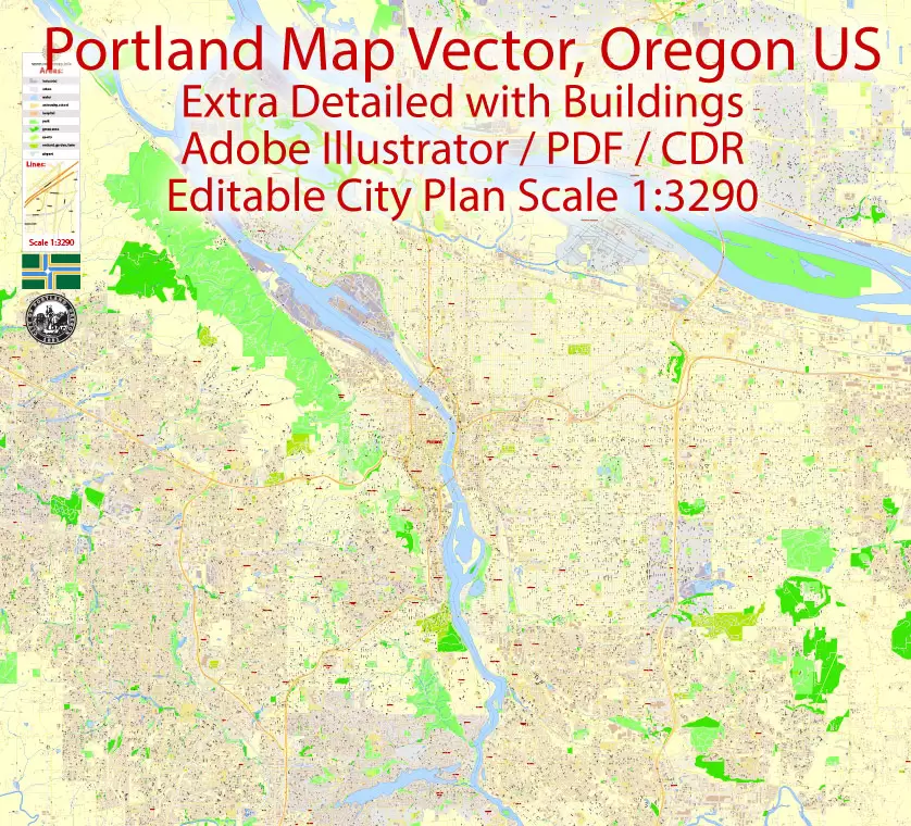 Portland Map Vector Oregon, exact City Plan scale 1:3290 full editable Adobe Illustrator Street Map in layers