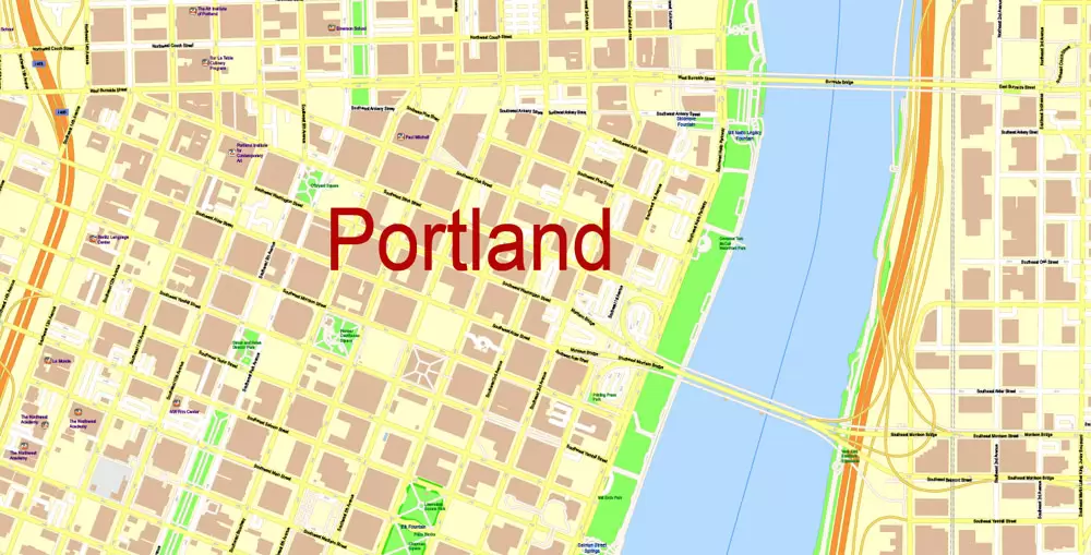 Portland Map Vector Oregon, exact City Plan scale 1:3290 full editable Adobe Illustrator Street Map in layers