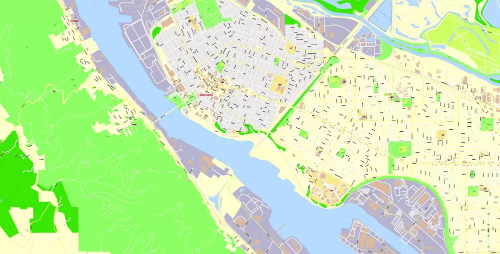 Portland Map Vector Oregon, exact City Plan scale 1:3290 full editable Adobe Illustrator Street Map in layers