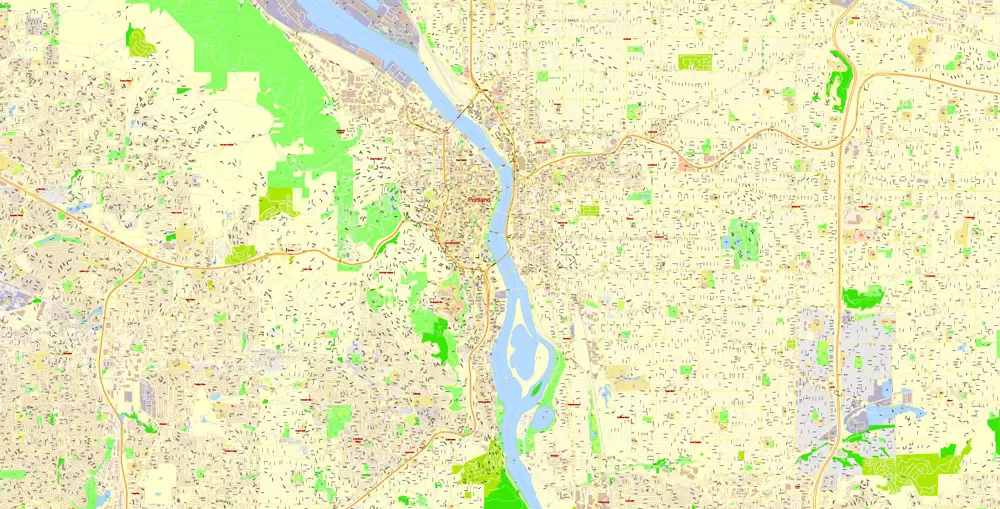 Portland Map Vector Oregon, exact City Plan scale 1:3290 full editable Adobe Illustrator Street Map in layers