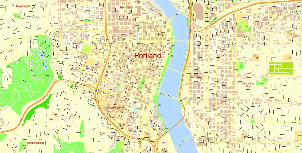 Portland Map Vector Oregon, exact City Plan scale 1:3290 full editable Adobe Illustrator Street Map in layers