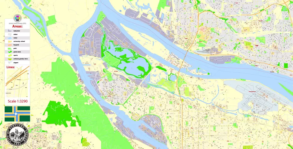 Portland Map Vector Oregon, exact City Plan scale 1:3290 full editable Adobe Illustrator Street Map in layers
