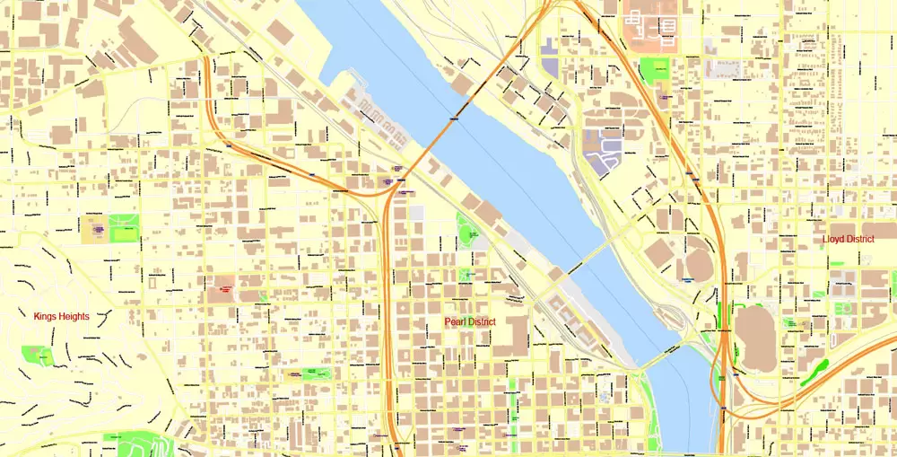 Portland Map Vector Oregon, exact City Plan scale 1:3290 full editable Adobe Illustrator Street Map in layers