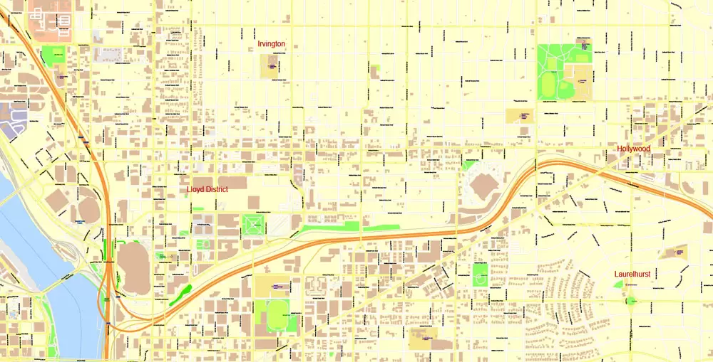 Portland Map Vector Oregon, exact City Plan scale 1:3290 full editable Adobe Illustrator Street Map in layers