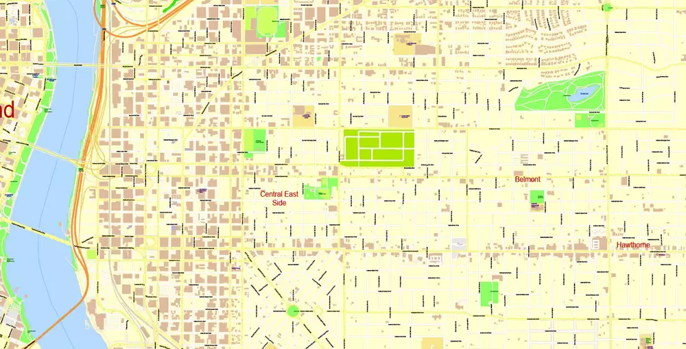 Portland Map Vector Oregon, exact City Plan scale 1:3290 full editable Adobe Illustrator Street Map in layers