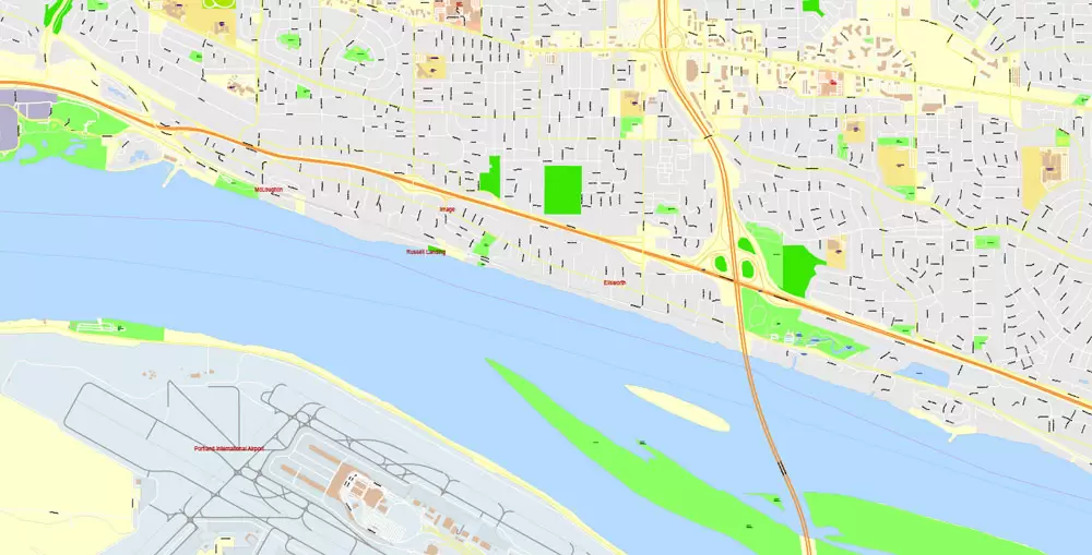 Portland Map Vector Oregon, exact City Plan scale 1:3290 full editable Adobe Illustrator Street Map in layers