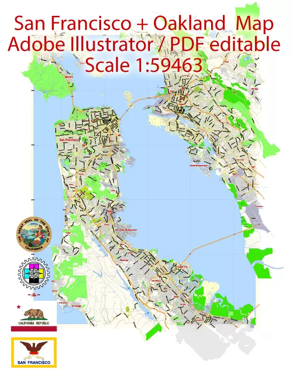 San Francisco Map + Oakland Map Vector California US exact City Plan scale 1:59463 full editable Adobe Illustrator Street Map