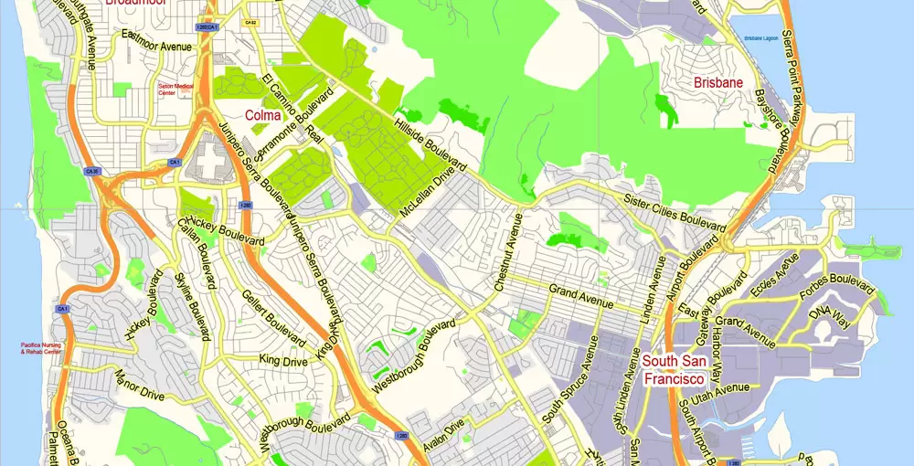 San Francisco Map + Oakland Map Vector California US exact City Plan scale 1:59463 full editable Adobe Illustrator Street Map