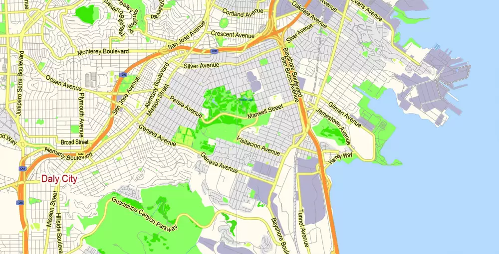 San Francisco Map + Oakland Map Vector California US exact City Plan scale 1:59463 full editable Adobe Illustrator Street Map