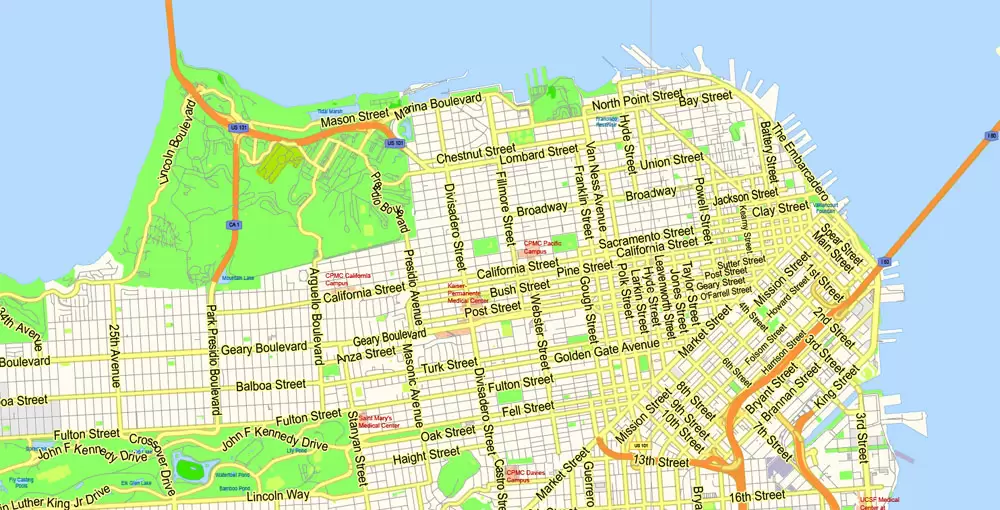 San Francisco Map + Oakland Map Vector California US exact City Plan scale 1:59463 full editable Adobe Illustrator Street Map