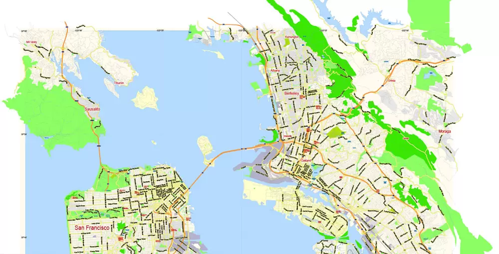 San Francisco Map + Oakland Map Vector California US exact City Plan scale 1:59463 full editable Adobe Illustrator Street Map