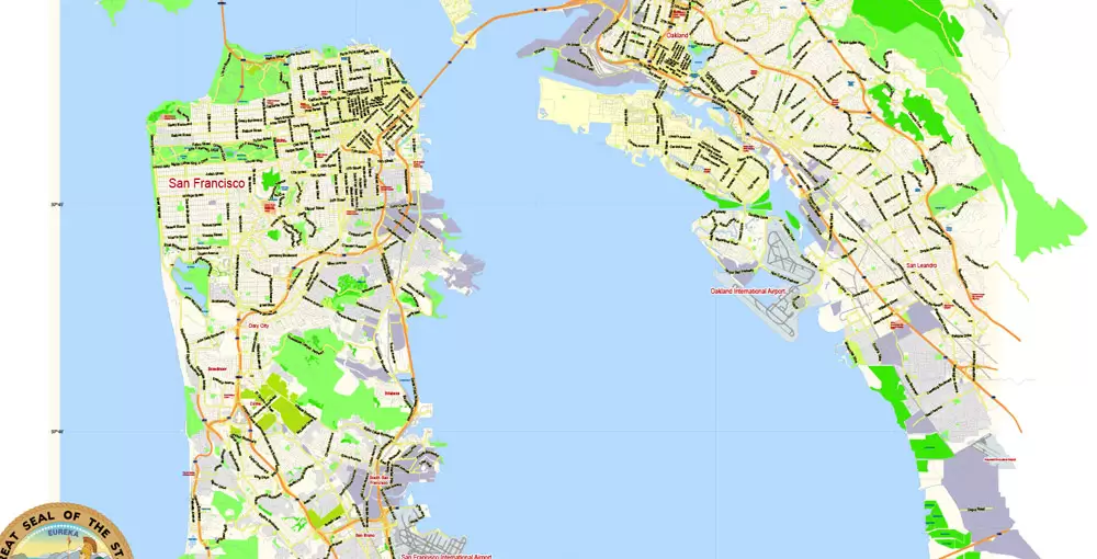 San Francisco Map + Oakland Map Vector California US exact City Plan scale 1:59463 full editable Adobe Illustrator Street Map