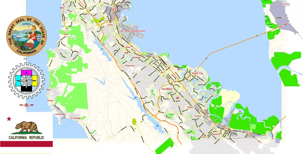 San Francisco Map + Oakland Map Vector California US exact City Plan scale 1:59463 full editable Adobe Illustrator Street Map