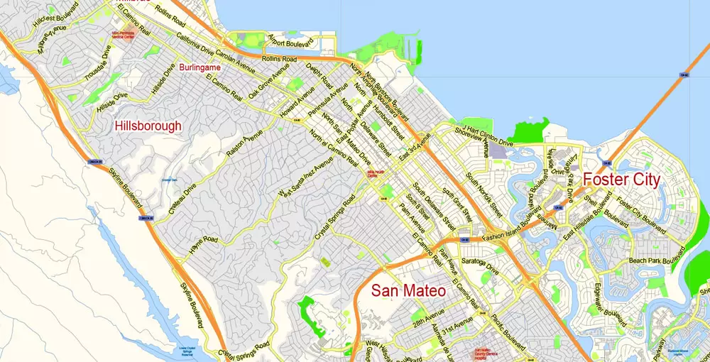 San Francisco Map + Oakland Map Vector California US exact City Plan scale 1:59463 full editable Adobe Illustrator Street Map
